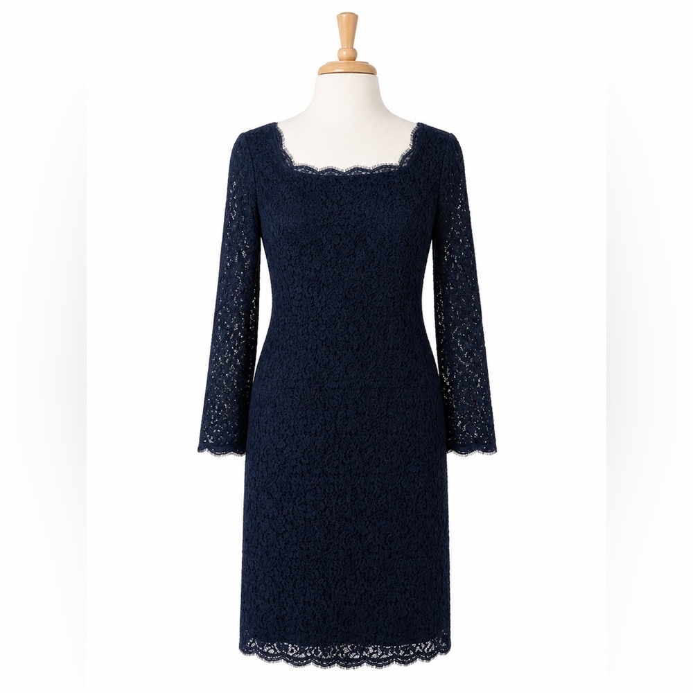 Adrianna Papell Navy Lace Long Sleeve Sheath Dress Elegant Cocktail Formal